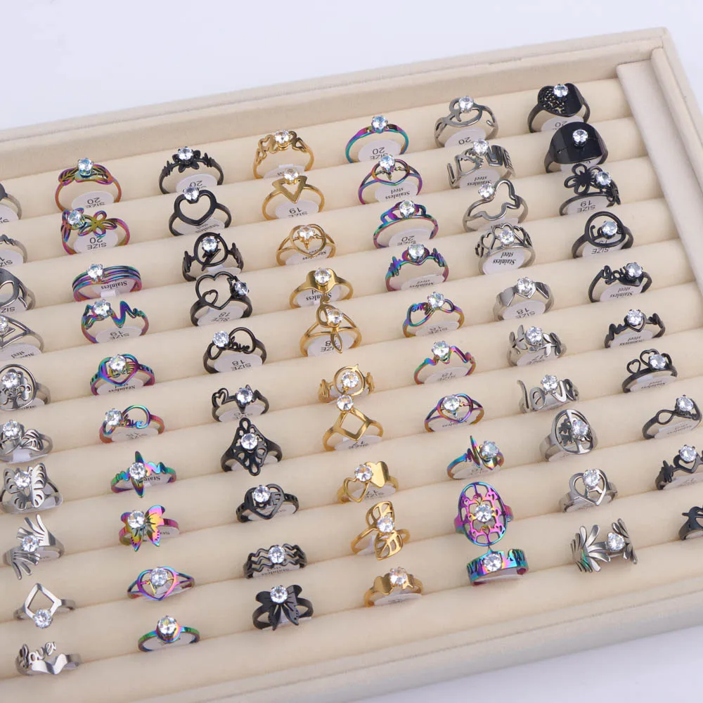 10Pcs/Lot Fashion Colorful Zircon Stainless Steel Rings For Women Classic Wedding Love Mix Style Jewelry Engagement Party Gifts