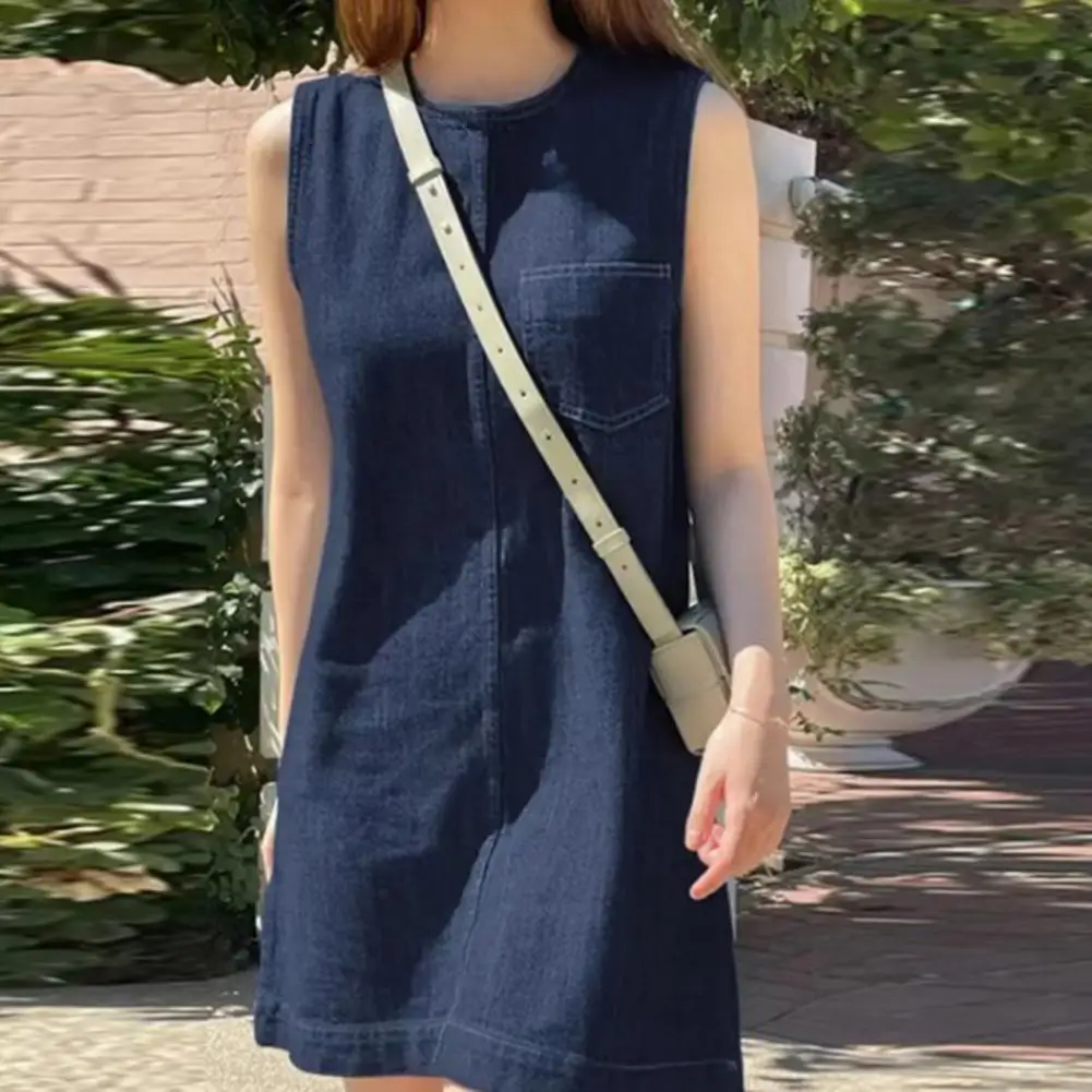 Vestido de verão feminino em torno do pescoço sem mangas cor sólida solto retalhos bolso no peito a linha macio acima do joelho mini vestido