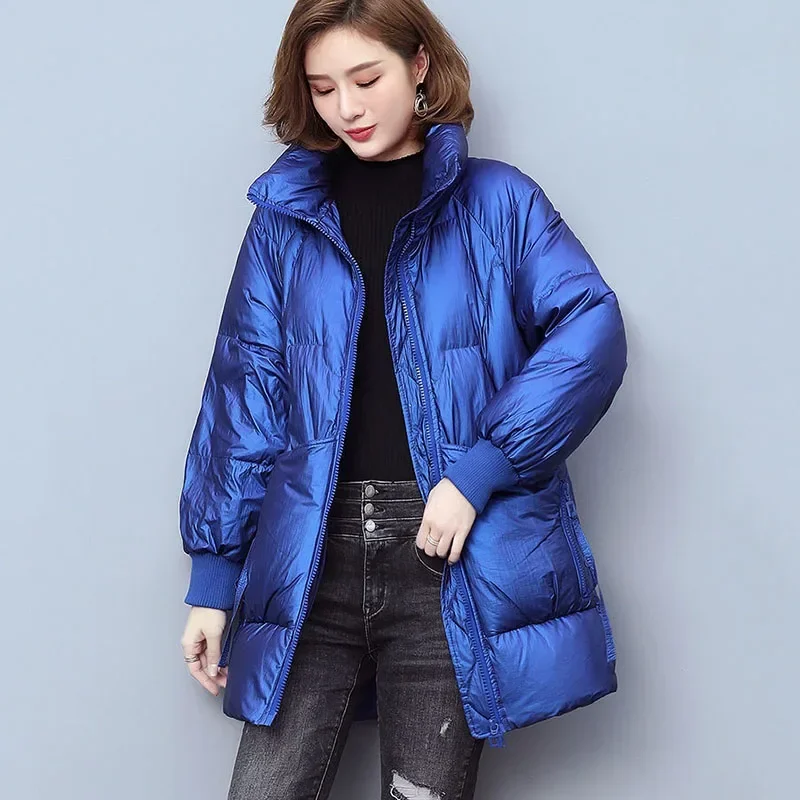 Koreanischer modischer langer Daunen-Baumwollmantel für Damen, lockere, dünne, warme Steppjacke, weiblicher Stehkragen-Parker-Mantel, blau, neu, Wi