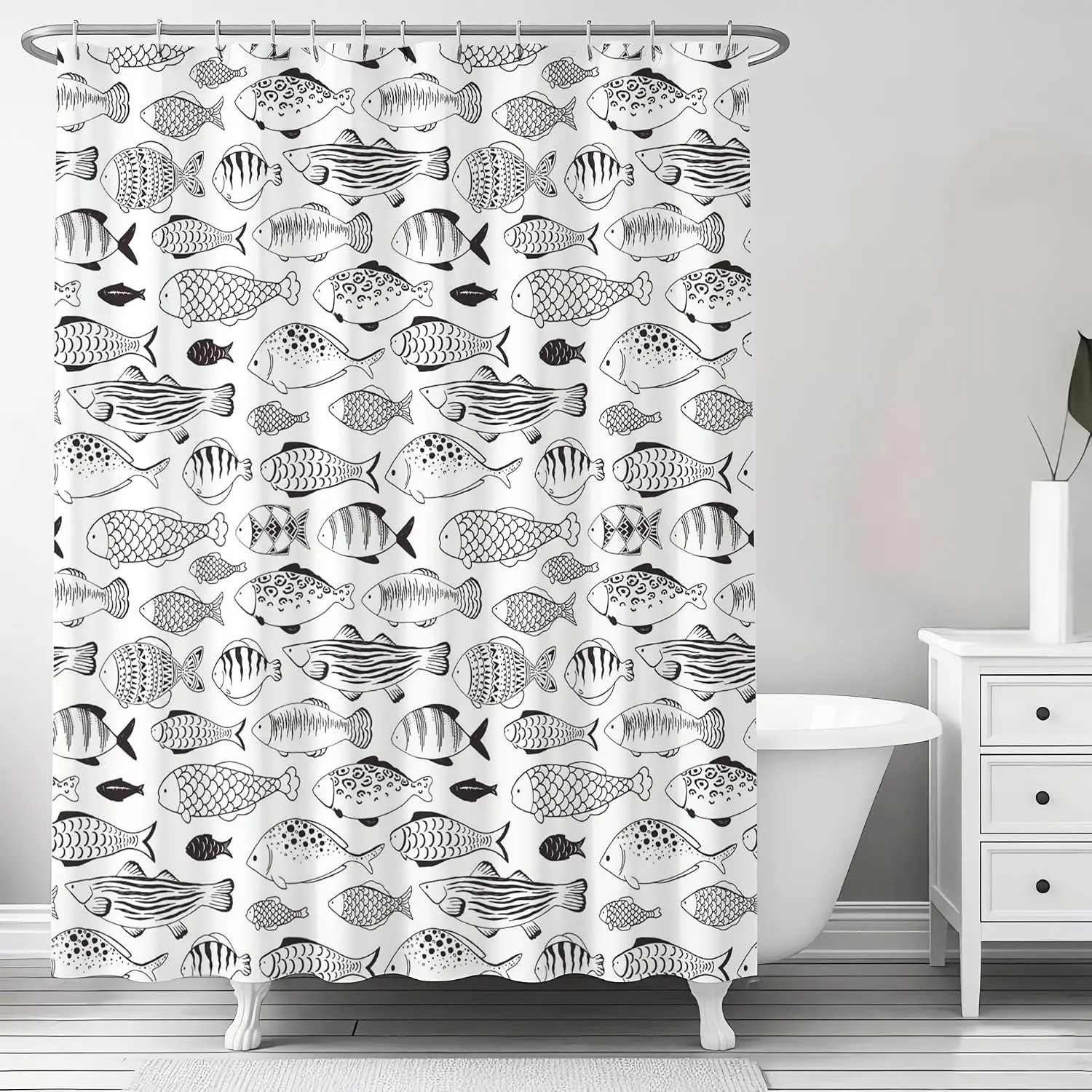 Waterproof Fish Print Shower Curtain Bathroom Decor Polyester Line Art Nautical Ocean Aquatic Sea Pattern Wall Tapestry