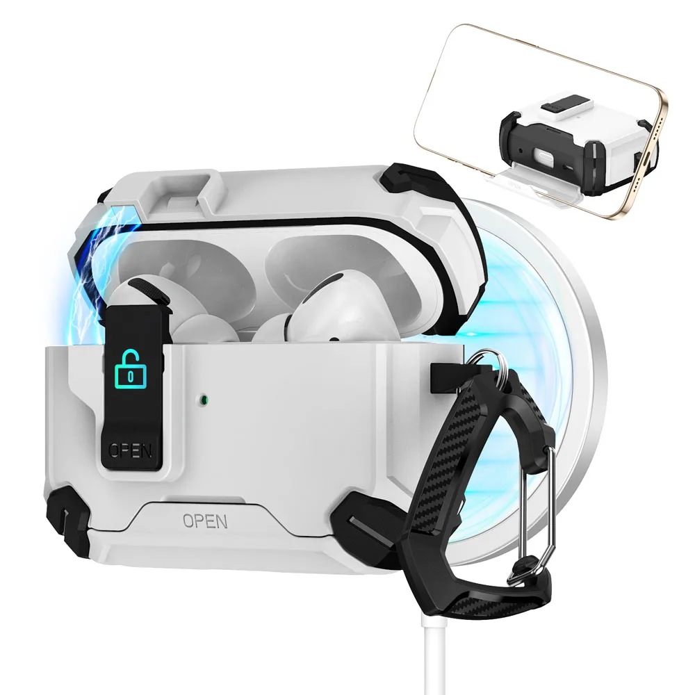 Magnetic Secure Lock Phone Stand Design Anti-fall Case For AirPods 5 4 Pro 2 3 Funda TPU PC Shockproof Protector Cover With Hook