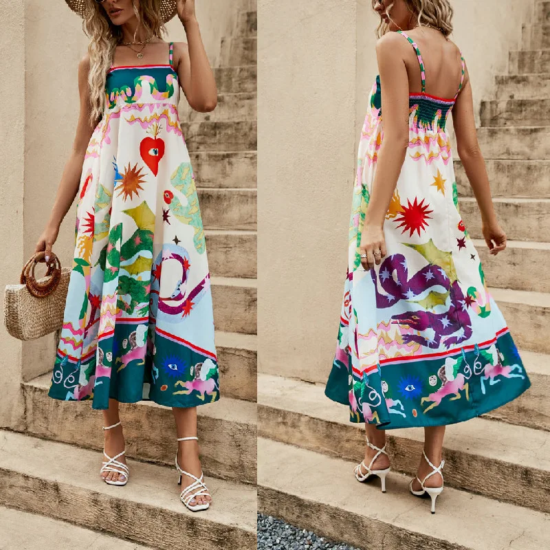 2024 Summer New Casual Long Skirt Women's Suspender Printed Sleeveless Swing Dress