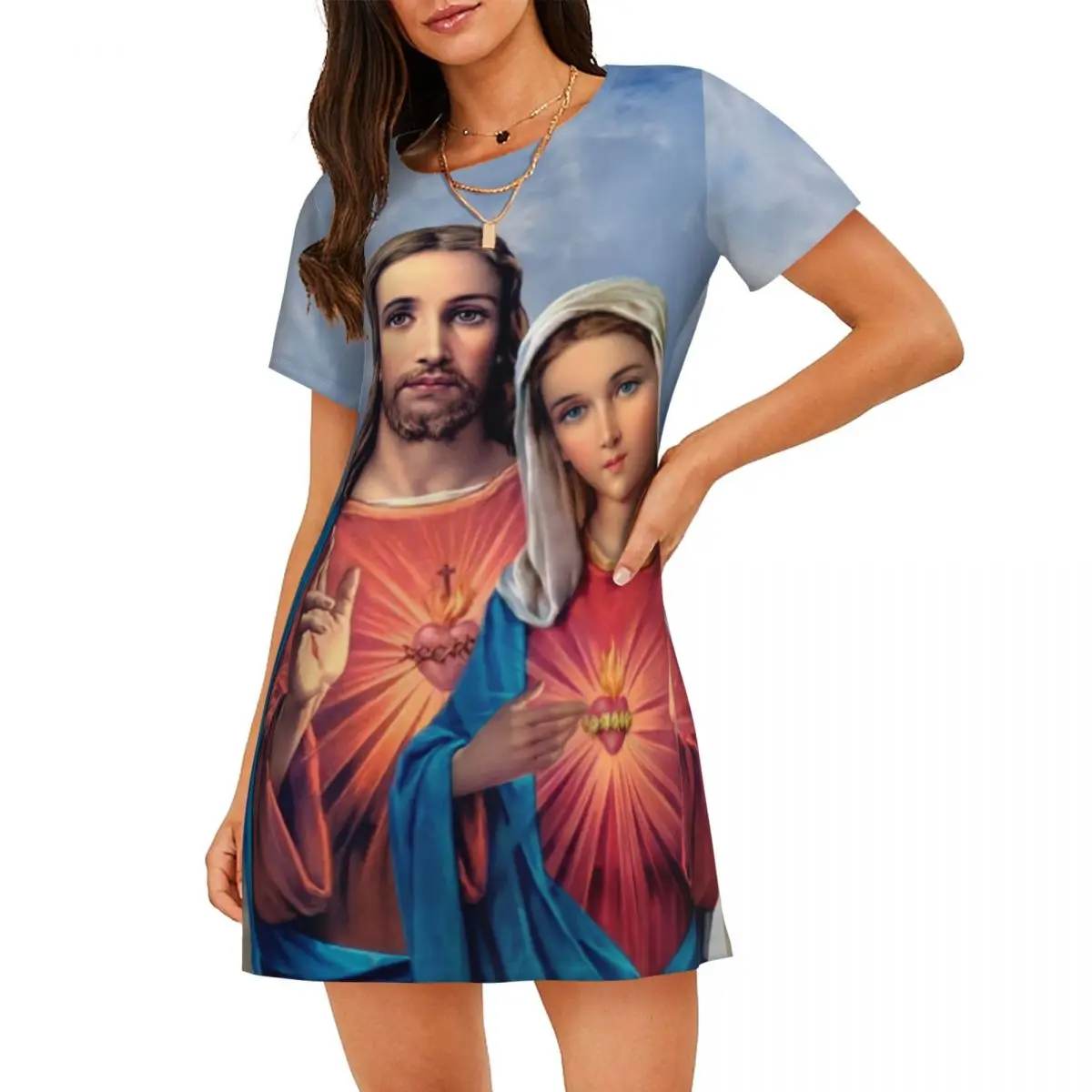 

Custom Virgin Mary Sacred And Immaculate Hearts Women's Short-Sleeved Nightdress Catholic and Short Sleeve Nightgowns Nightdress