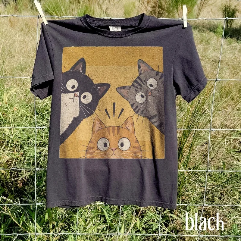 Vintage Funny Curious Cats Graphic Tee Cute Cat Lover T Shirt Whimsical Retro Aesthetic Feline Gift Tops Men's Women Casual Tee