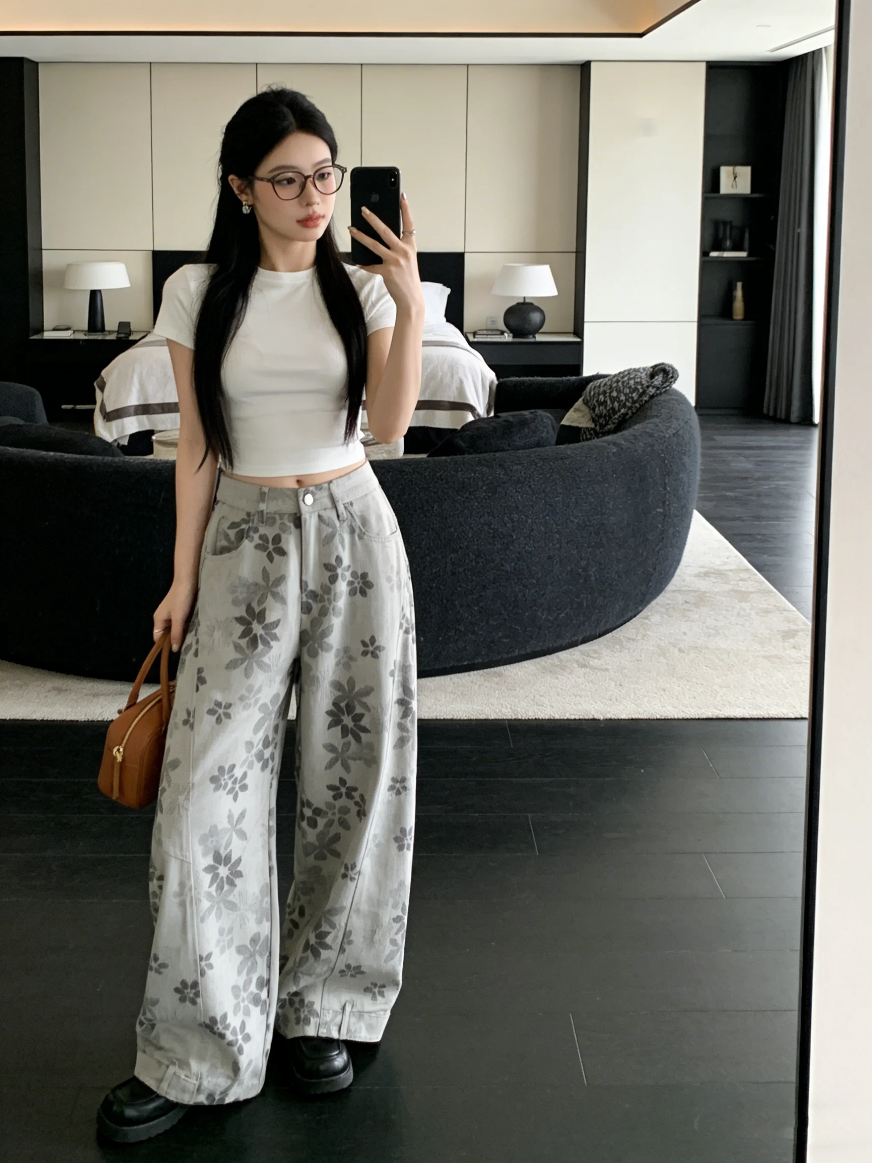 

Grey Floral Print Low Waist Wide Leg Jeans Spring Casual Floor-Length Knife Pants Women's Korean Style Comfortable Breat...