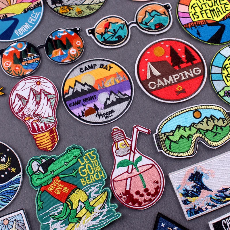 Camping Travel Iron On Patches On Clothes Stripes DIY Adventure Clothing Stickers Hook Loop Embroidered Patches For Jacket Decor