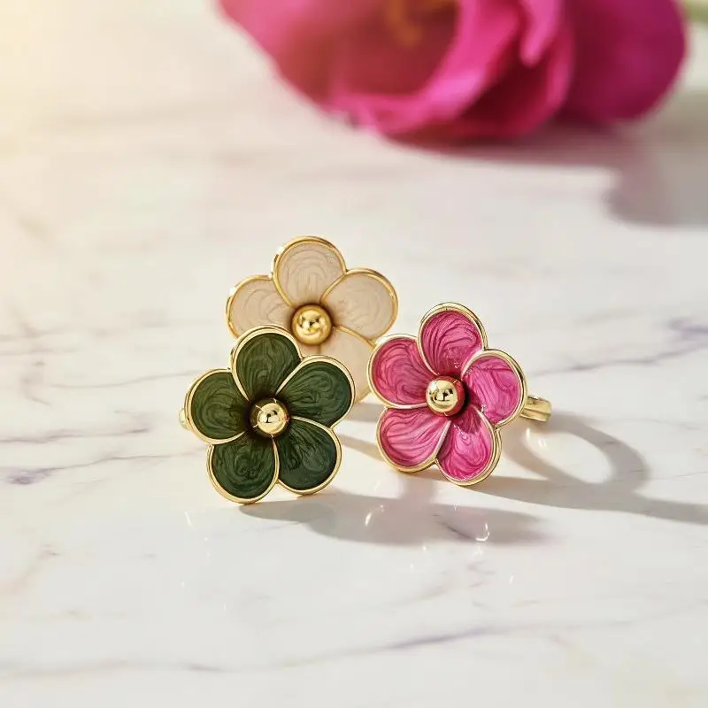 Gold Plated Colorful Enamel Flower Ring Cute Floral Designs For Daily Wear Vacation Party Gifts For Women