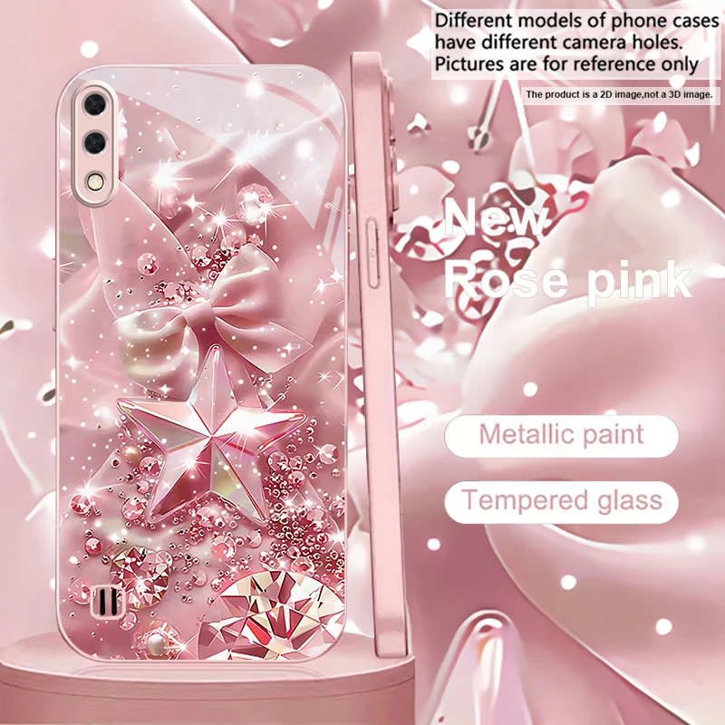 Bow Crystal Star Glitter Pink Metallic Glass Phone Case For Samsung A01/A02/A03 Core/A04/A04e/A05/A05s/A07/A70/A71/72 Back Cover view 5