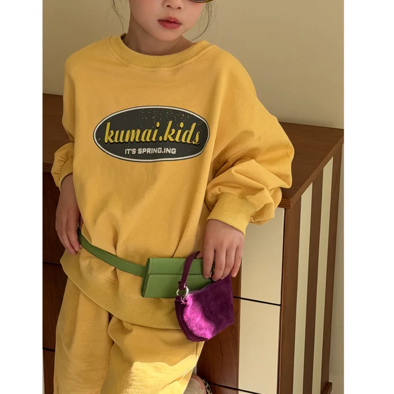 26 Spring Autumn Cotton Children 2piece Set Sporty Letter Print Boys Girls Kid Round Neck Pullover Shorts Pants 3-16 Year Outfit