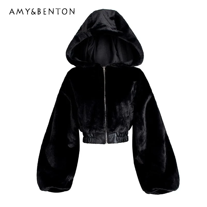 

2025 Autumn Winter New Subculture Hot Girl Punk Furry Hooded Warm Women's Short Coat Gothic Dark Design Faux Fur Jacket Ladies