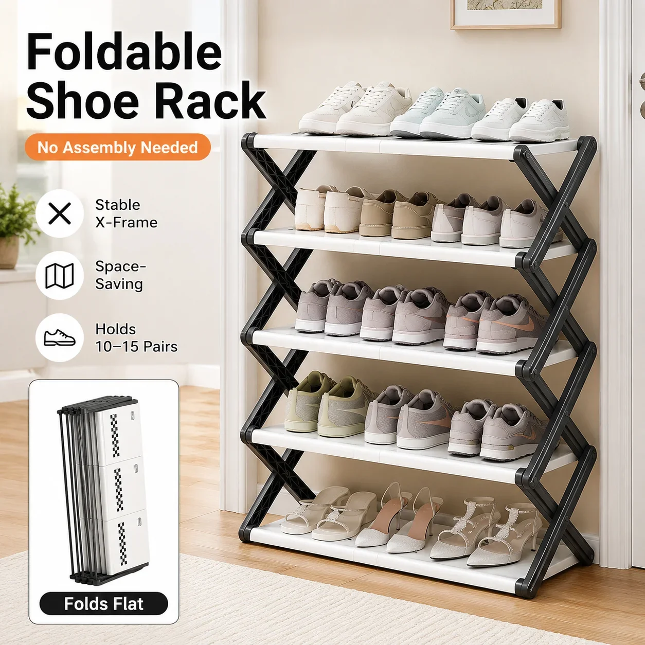 

Joybos Foldable Shoe Rack, Space-Saving Entryway Shoe Organizer with Stable X-Frame, PP Shelves & Steel Tubes, No Assembly Needed