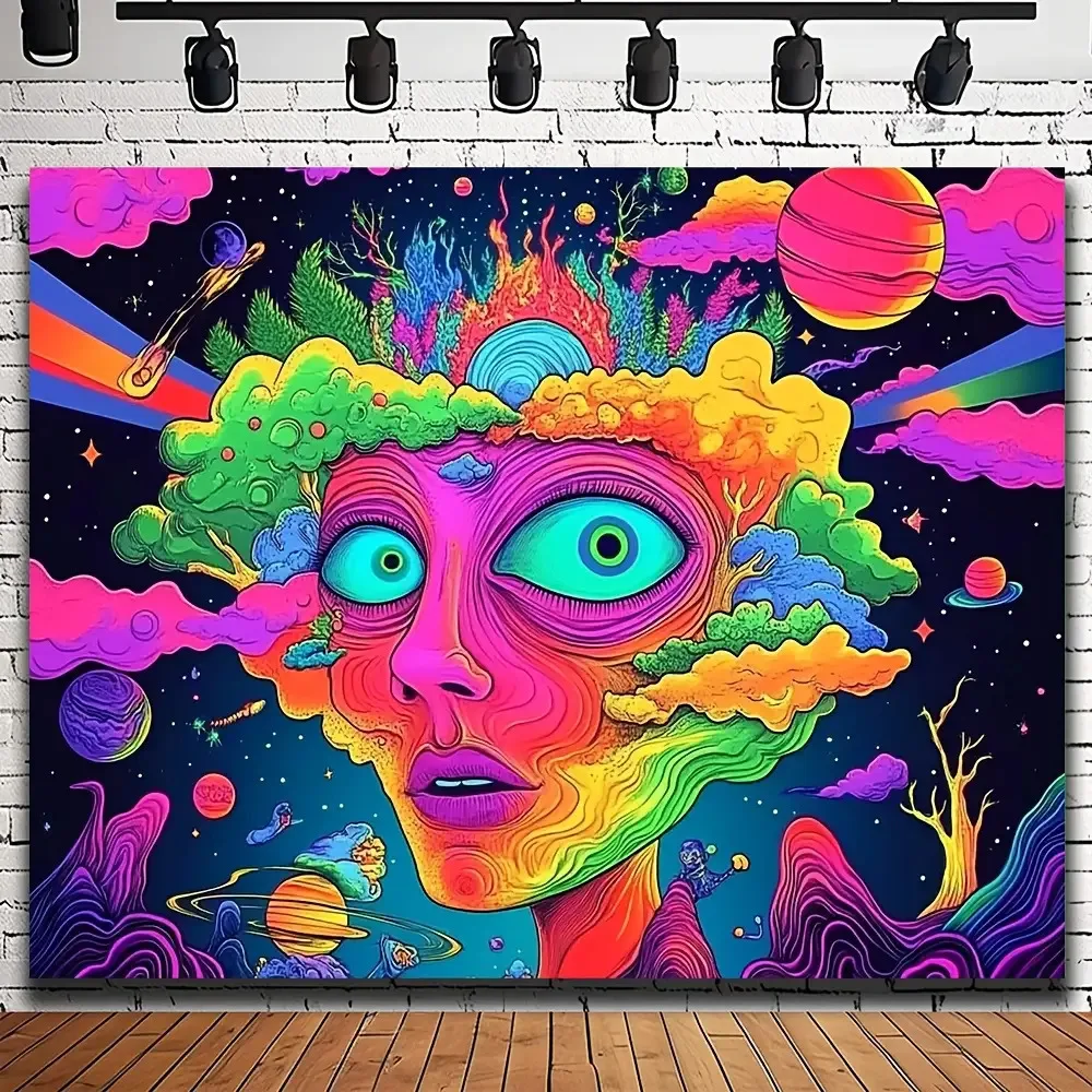 

2D плоский баннер, 1 шт., УФ-реактивный психоделический гобелен для женщин и солнца, черный свет, настенный гобелен с космической тематикой из полиэфирного волокна, богемный