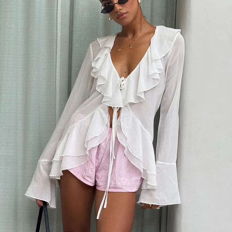 2025 New Women's Lace-up Shirt Fashion V-Neck Ruffle Long Sleeve Top White Casual Office Lady Loose Cardigan Summer Female Shirt