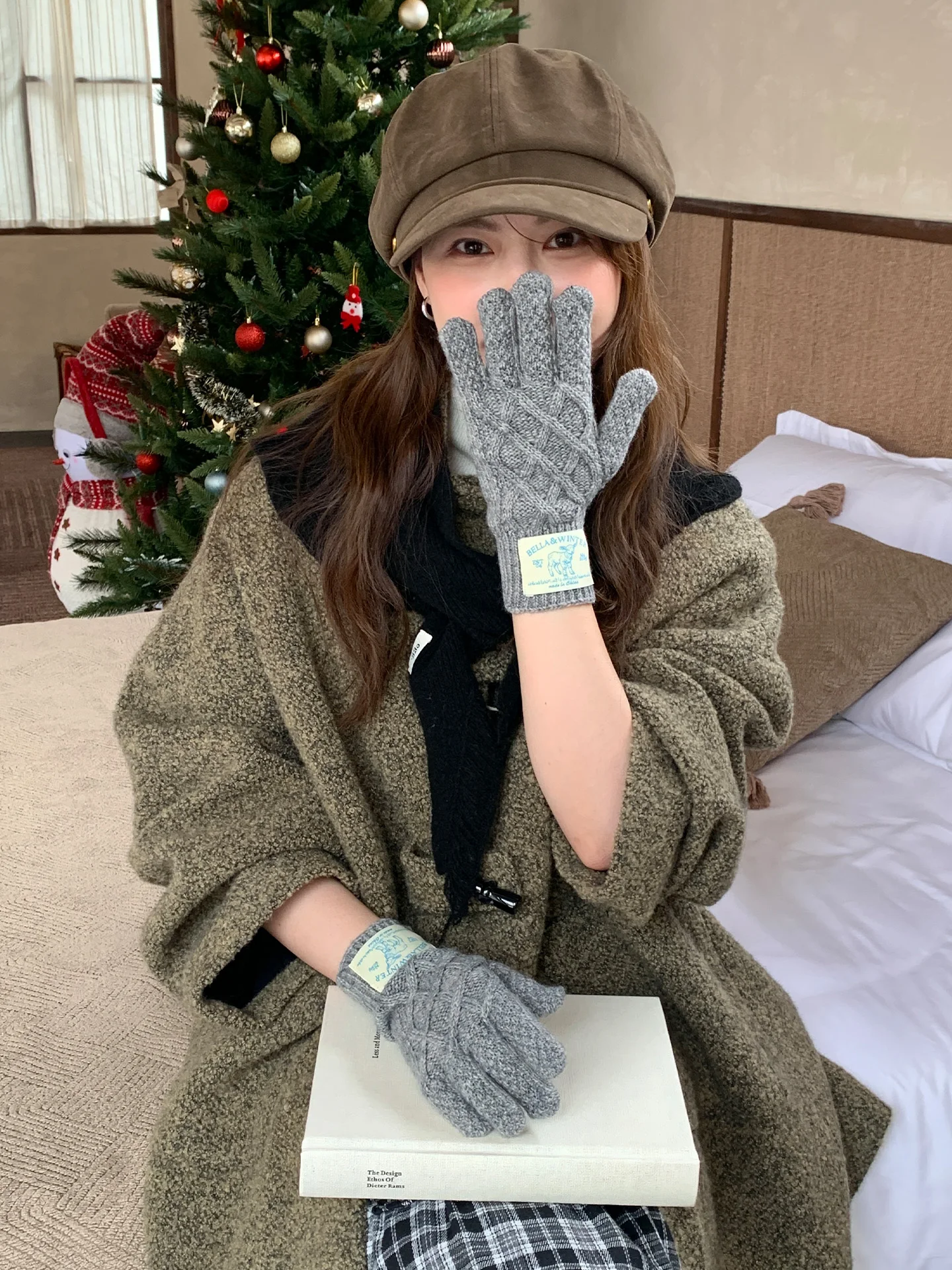 Thickened Winter Touchscreen Gloves Women's Fall New Style  Vehicle Riding Warmth Fingerless Gloves Blue Diamond Pattern