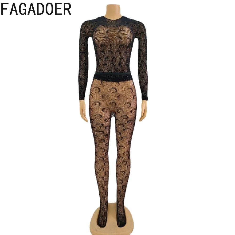 FAGADORE Sexy Mesh Perspective Printing Bodycon Nightclub Two Piece Sets Women Round Neck Long Sleeve Top + Skinny Pants Outfits