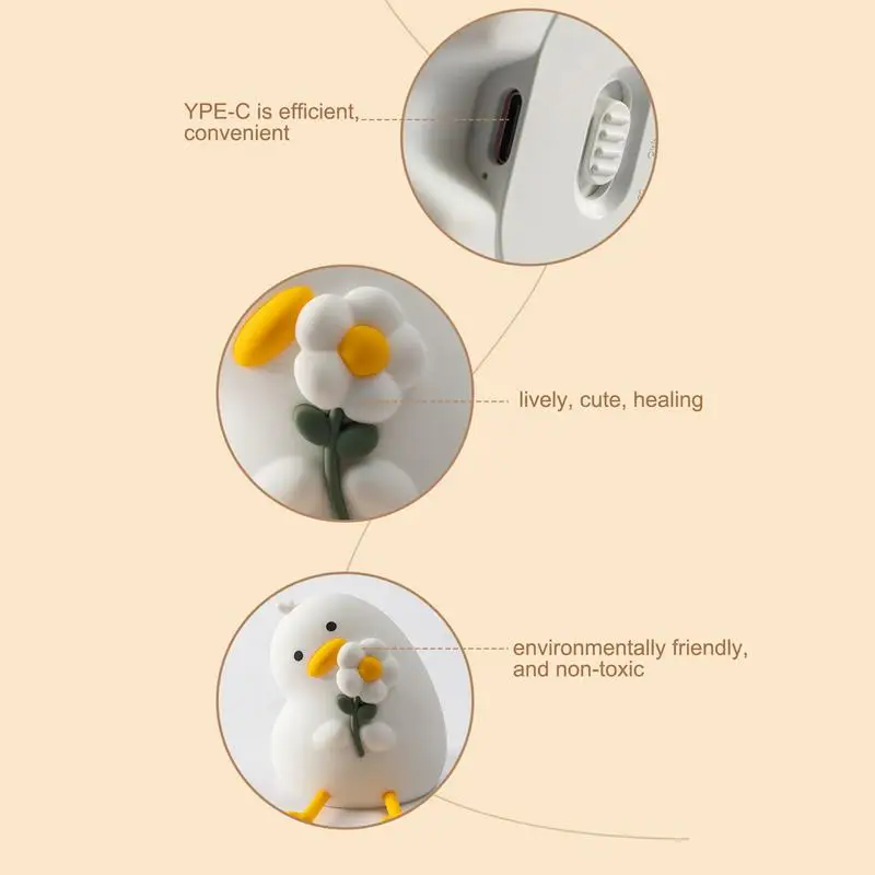 Pato luz da noite silicone iluminar pato diversão recarregável 3 modos de toque regulável iluminação portátil para amamentação casa cabeceira