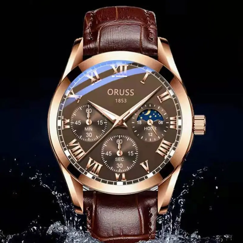 ORUSS OR13 高品質メンズ高級ベルトファッションクォーツ時計メンズラウンドビジネス学生スポーツ防水グロー時計