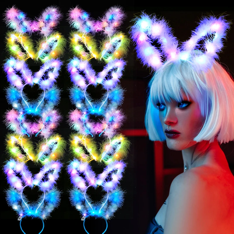 10PCS Bunny Ear Headbands Set LED Cute Bunny Light Up Party Accessories Glowing Girls Headdress Supplies Christmas Birthday Gift