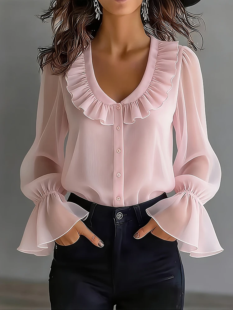 Women's V‑Neck Ruffle Chiffon Blouse Pink Cardigan Long Flare Sleeve Sheer Loose Casual Office Streetwear Elegant Shirts Tops