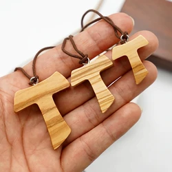 Religion Olive Wood Tau Cross 4/3/2.5CM Pendant with Rope Couple Necklace Religious Jewelry Catholic Wooden Necklace for Women