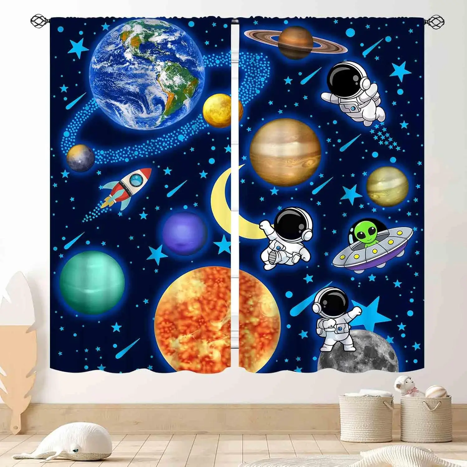 Space Curtains, Kids Boys Solary System Universe Outer Space Planet Astronaut Galaxy Blackout Window Drapery Treatments for
