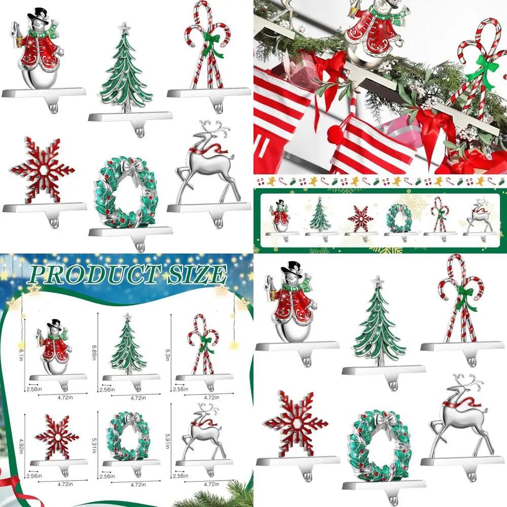 

6 Piece Christmas Stocking Hangers - Silver Metal Snowflake, Snowman, Santa, Reindeer for Mantel, Fireplace, and Home Xmas Decor