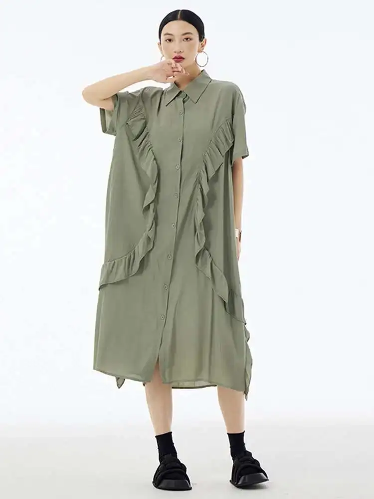 Damska Zielona Sukienka Koszulowa z Falbankami, Asymetrycznym Krojem, w Dużych Rozmiarach, Nowa, z Kołnierzykiem, Krótkim Rękawem, Modna, Wiosenno-Letnia