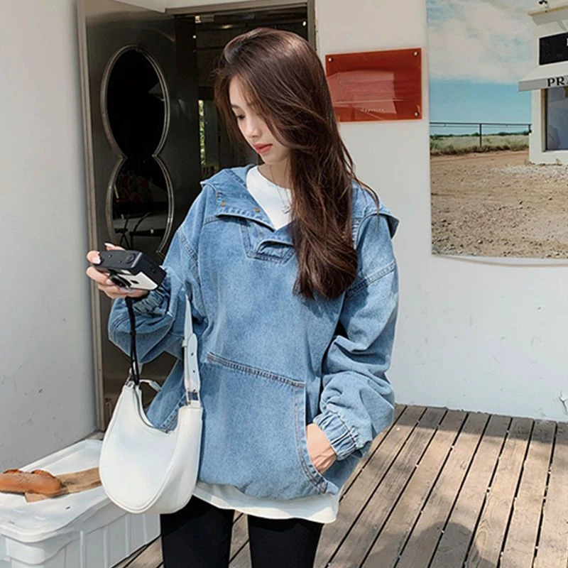 Nomikuma Causal Hooded Demin Sweatshirt Korean Long Sleeve Pocket Cowboy Hoodies Tops 2023 Autumn New Thin Pullover Jumper Women