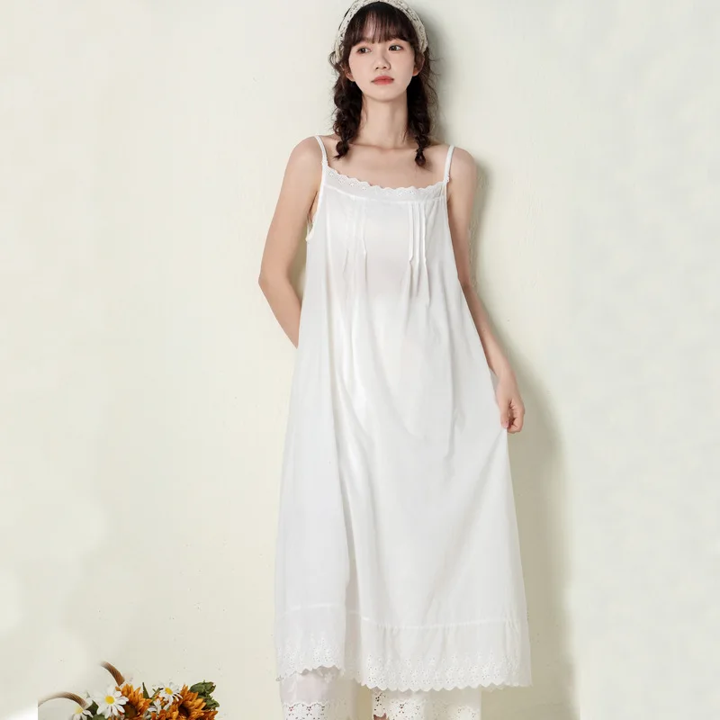 Johnature 2024 Summer New Japanese Casual Spaghetti Strap Thin All Match Dress For Women Solid Color Cotton Female Dresses