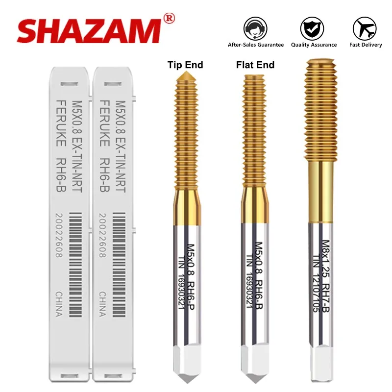 SHAZAM-Cobalto Contendo Torneiras De Chapeamento De Titânio Para Ferramentas De Metalurgia, Flat Tip Head Thread Taping, M1.0-M12.0, HSS-E, Extrusão