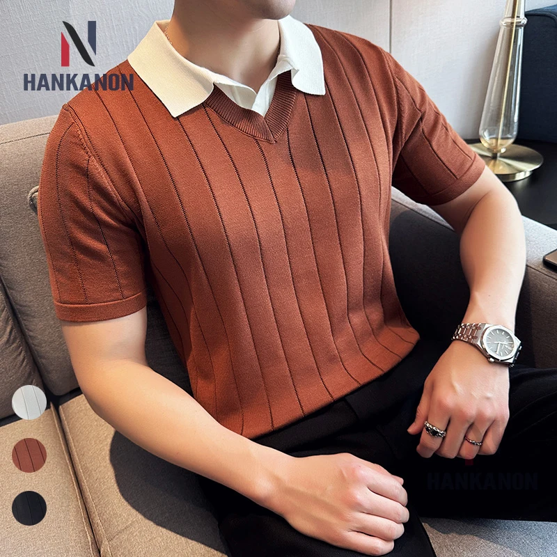 רזה אופנה פסים דש חולצת פולו סרוג, חולצת פולו דו-קטע מזויף עם חולצה עם שרוולים קצרים