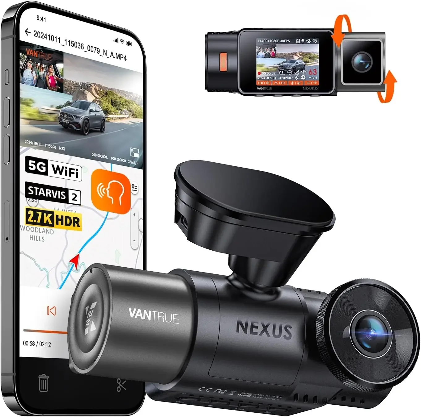 N2X 2.7K Dash Cam Front and Inside, 5G WiFi Dual Dash Camera for Car with HDR IR Night Vision, STARVIS 2, GPS, 2.5K/60FPS, G-Sen
