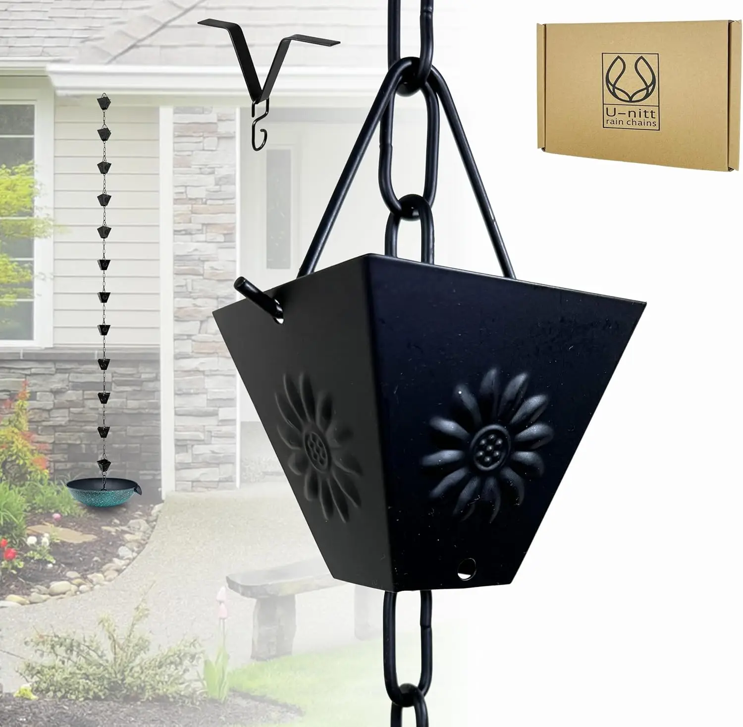 

Rain Chain Water Collection for Gutters, 8.5 FT Outside Garden Black Square Cups Roof Downspout with Gutter Clip