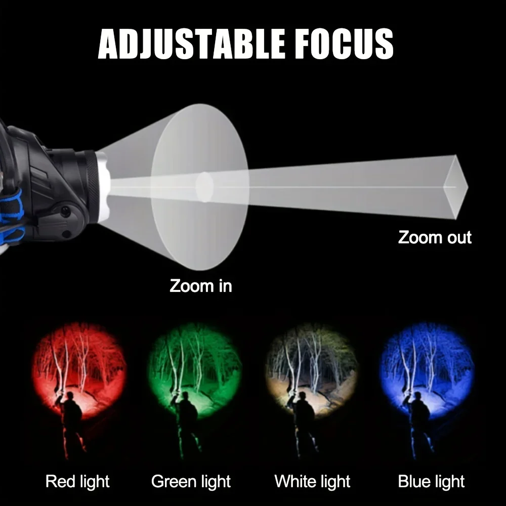 Powerful 4 In 1 LED Headlamp Red/Green/White/Blue Light Rechargeable Zoomable Headlight Head Flashlight with Adjustable Beam