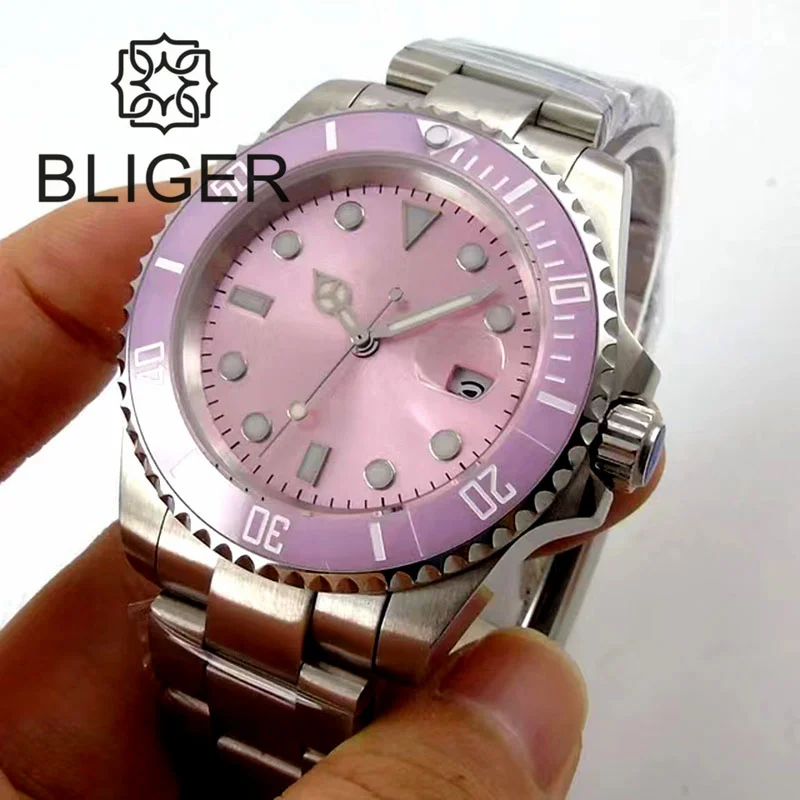 BLIGER 40mm Automatic Watch For Men NH35 Mingzhu Miyota PT5000Sterile Movt Pink Sunbust Dial Ceramic Bezel Sapphire Glass Date