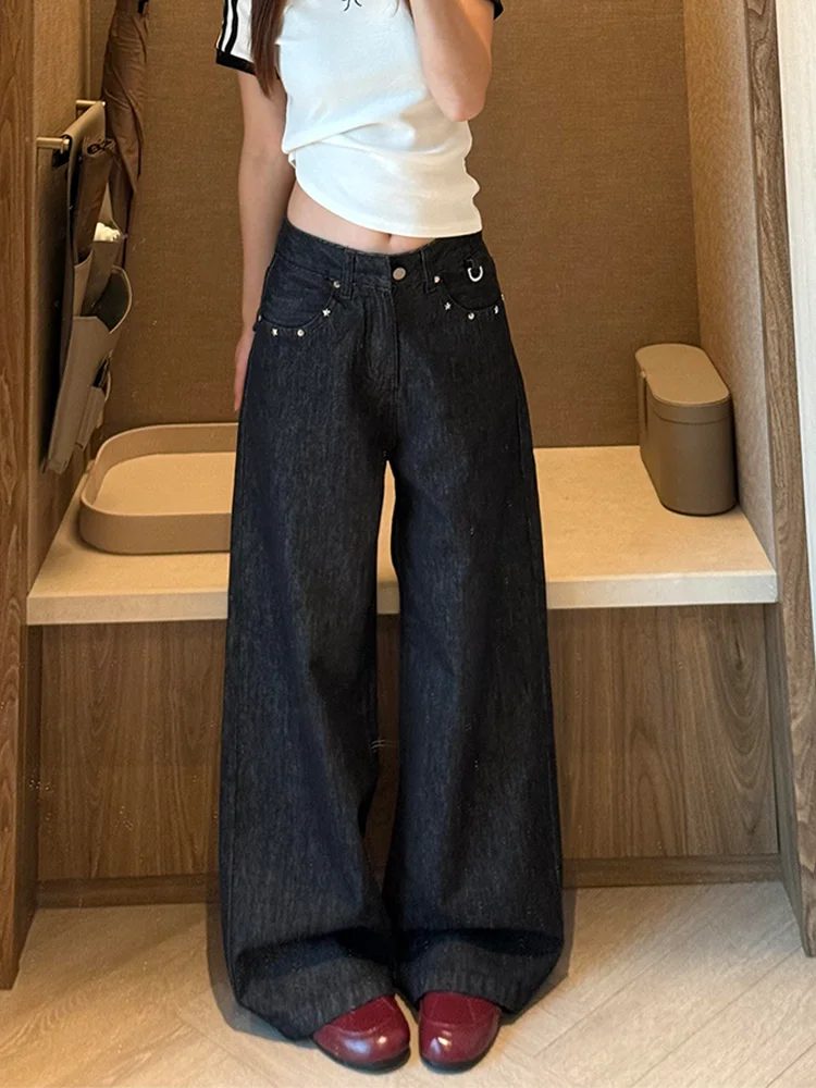 

plus Size Straight Leg Denim Jeans Women Summer American Style Loose Fit Casual Black Wide Leg Pants Rivet Design High Waist