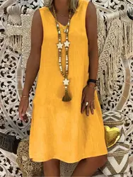 Summer Women's Fashionable Yellow V-neck Sleeveless Vest Vestidos 2024 Women's Casual Cotton Linen Patchwork Loose Mini Dress