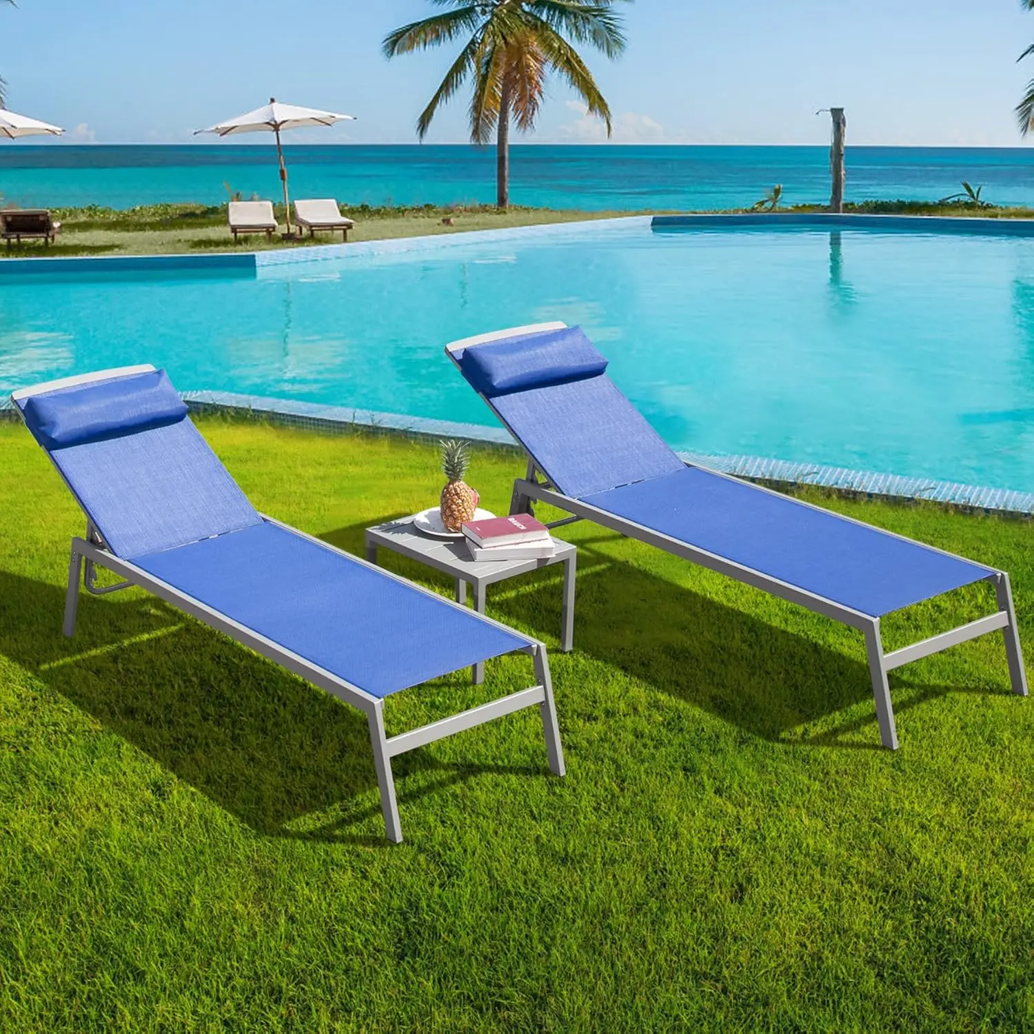 Aluminum Chaise Lounge Set 5-Position Adjustable Textilene Fabric Pool Chair with Headrest & Side Table, Customized