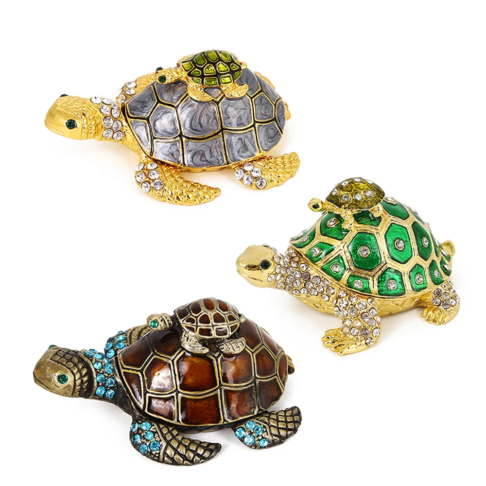 1pc Tortoises Trinket Box Vintage Enamel Rhinestone Jewelry Storage Case Handmade Makeup Tools Creative Gift Green/Purple/Brown