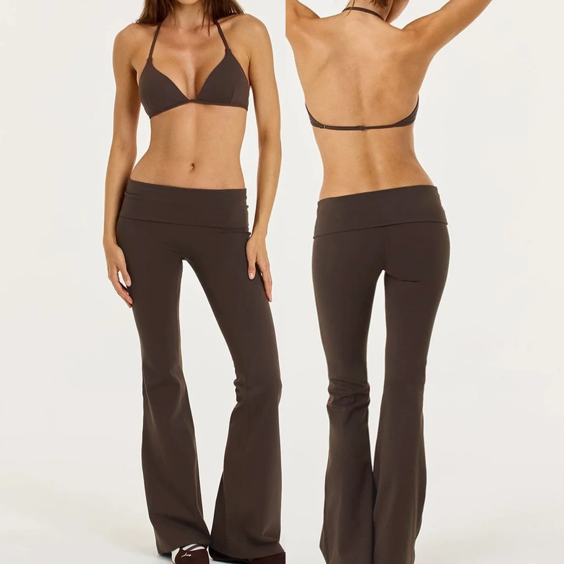 C-sb Ladies Halter Neck Bikini Style Sports Bra Fold Waist Flared Pants Solid Slim Fit Yoga Trousers Workout Gym Active Clothing