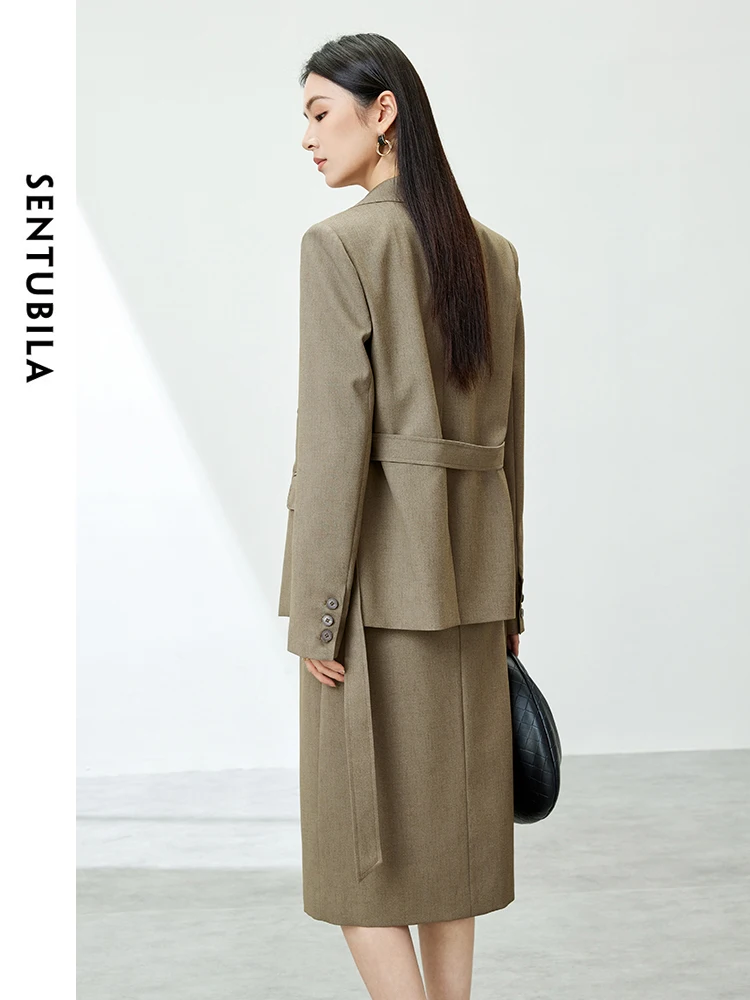 SENTUBILA Office Lady Elegant 2 Pieces Outfits Blazer Skirt Sets 2024 Spring Autumn Belted Tailored Coat Split Skirt 141Z53378