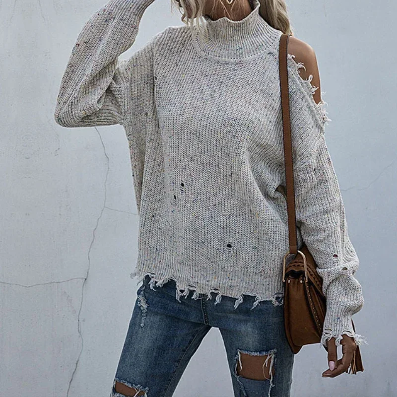 

Women Pullovers Tops Turtleneck Knitted Sweaters Hollow Out Jumpers Sweaters Hollow Out Jumpers Elegant Splice Autumn Winter