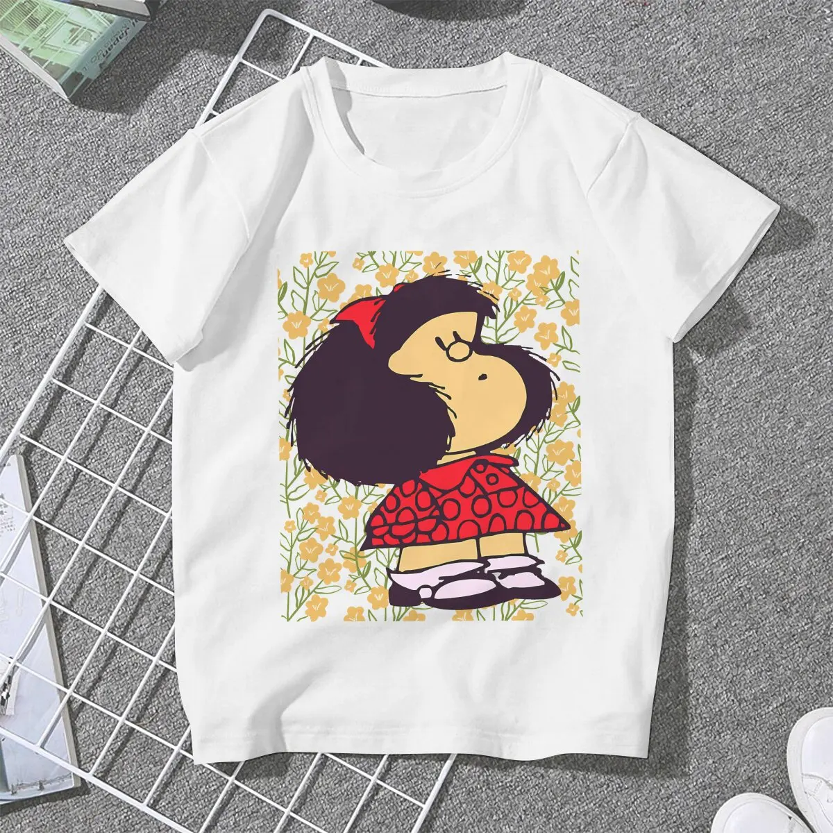 Flowers Women's T Shirt Mafalda Cartoon Ladies Tees Kawaii Polyester Tops Graphic Tshirt y2k Hipster