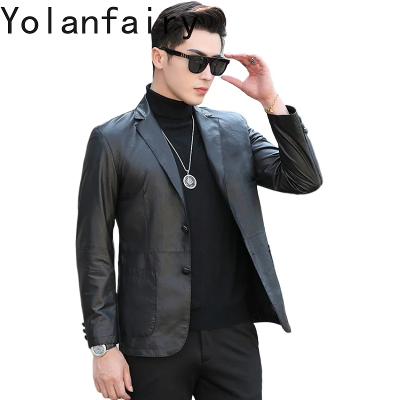 

YOLANFAIRY Genuine Leather Goat Skin Jackets Spring Autumn Coats for Men Black Jacket Slim Fit Style Chaquetas Para Hombre