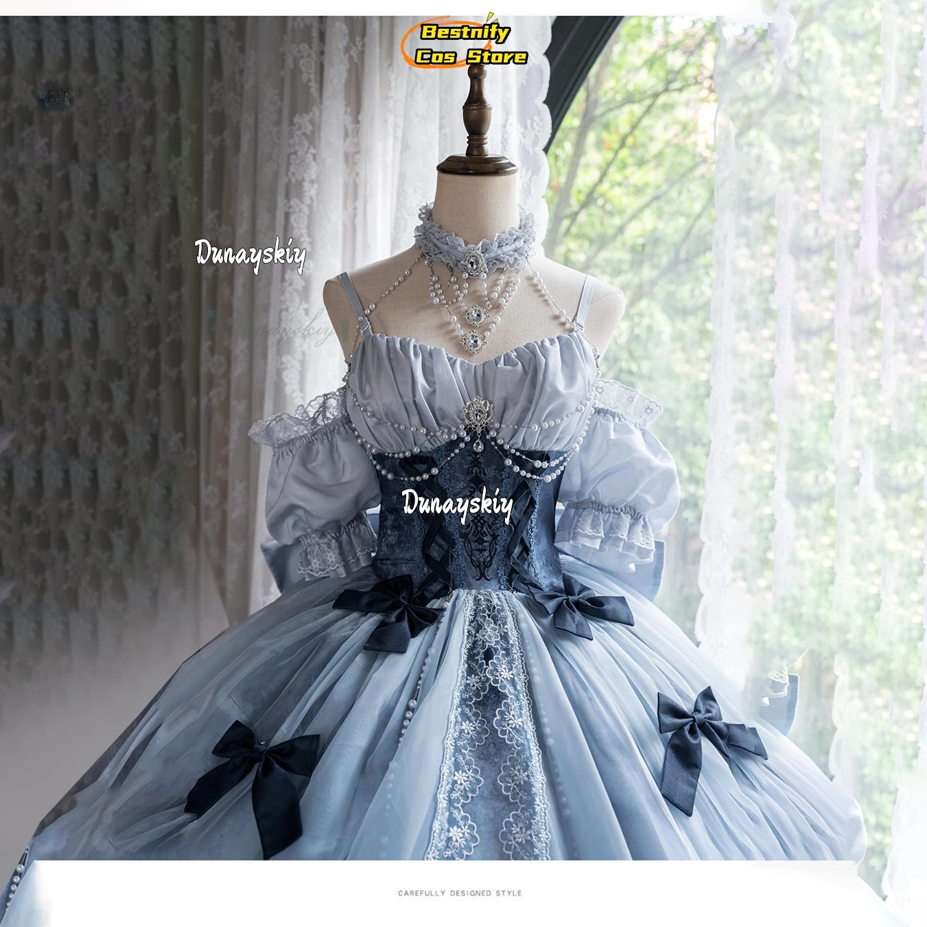 {Bestnify Cos}Cinderella Lolita Dress Evening Dress Skirt  Wedding Princess Costume Elegant Blue Dress Puffed Sleeves Halloween view 4
