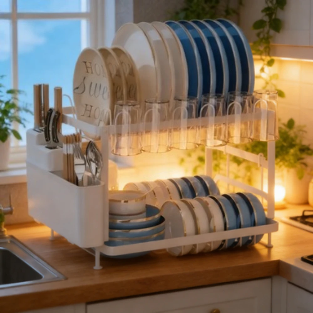 

Двухуровневая сушилка для посуды с поддоном, органайзер для кухонной столешницы с подставкой для ножей, вилок и чашек