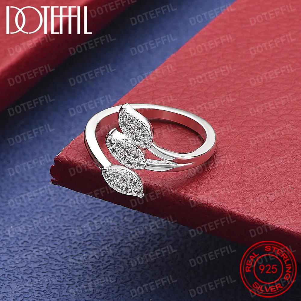 

925 Sterling Silver Ring with Shiny Crystal Three-Leaf Design Women's Jewelry