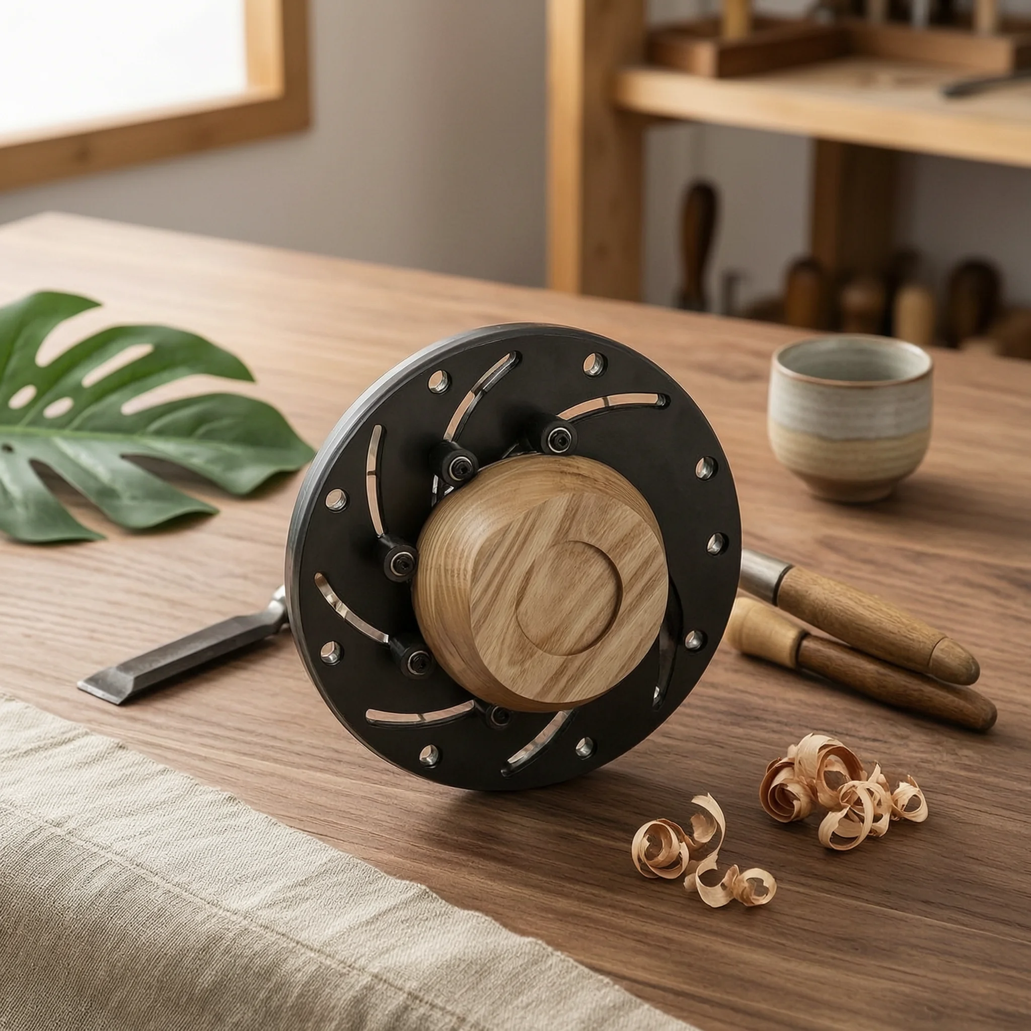 Self-Centering Wood Lathe Chuck Curved Radial Slots Wood Lathe Chuck Plate Shop Equipment Six Clamping Posts Matte Finish