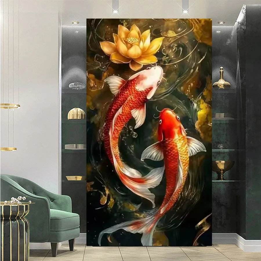 Koi Carp Lotus Flower Diamond Painting Large Size Diy Full Mosaic Embroidery Chinese Good Luck Landscape Jewellery Cross Stitch