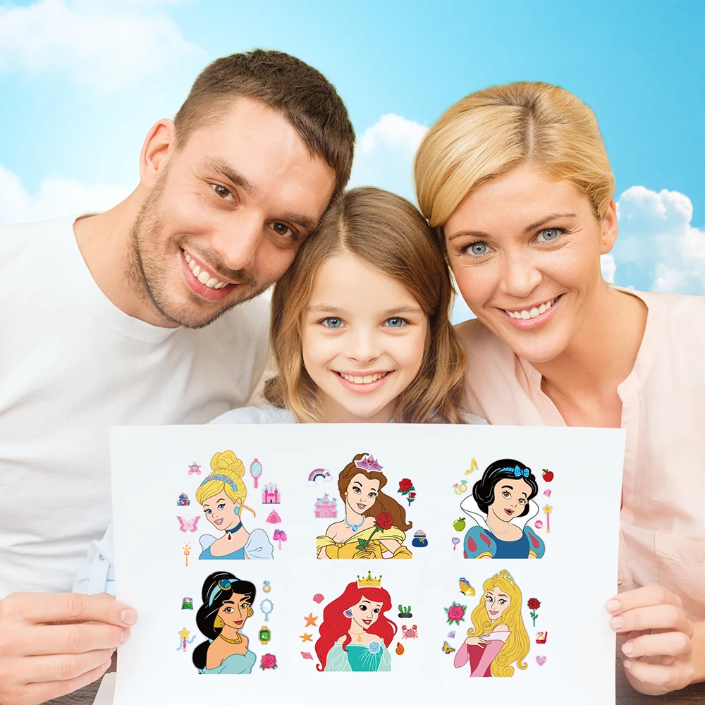 6/12Sheets Disney Princess Children Puzzle Stickers Make-a-Face Funny Assemble Jigsaw DIY Cartoon Sticker Kids Educational Toys